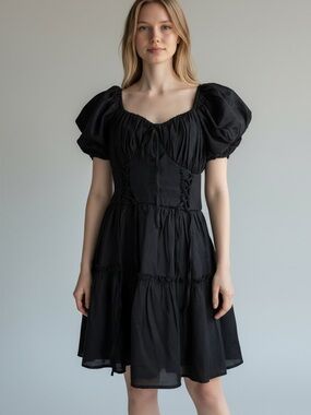 Trixxi Mini Dress sz M Black Puff Sleeve Lace Up Smocked milk maid whimsigoth